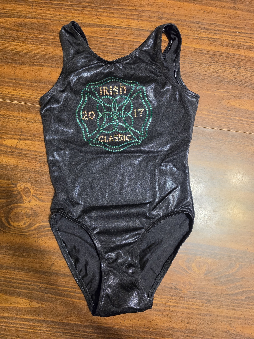 Black Girls' Shiny One-Piece Leotard with Green Rhinestone Crest